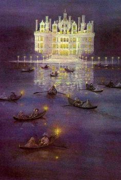 a painting of people in small boats on the water near a large building at night