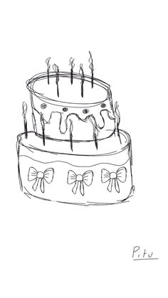 a drawing of a three tiered cake with bows