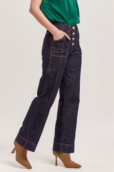 image of a female model wearing a HOLLY SUPER HIGH RISE CUFFED STRAIGHT JEANS DARK DENIM DEAR JOHN DENIM Skirt And Top Dress, Tencel Denim, High Rise Straight Leg Jeans, Denim Essentials, Dear John, Comfy Sweaters, High Rise Denim, Wide Pants, Sweater Sale