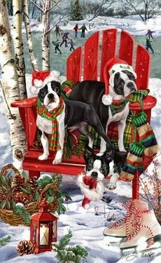 two dogs are sitting on a red chair in the snow with christmas decorations around them