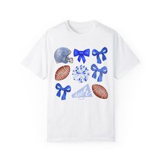 a white shirt with blue bows and footballs on it