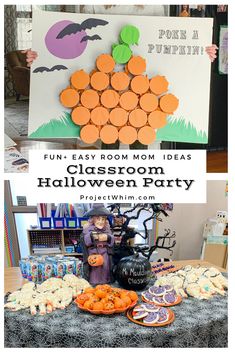 an easy halloween party with pumpkins, cookies and candy on the table for kids to make