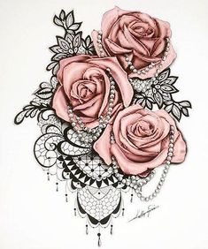 a drawing of roses in a vase with lace on the bottom and beading around the edges