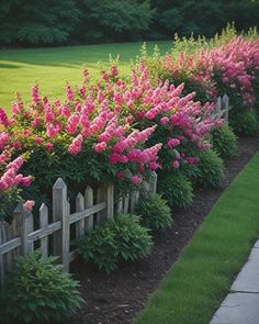 pink flowers line the side of a wooden fence