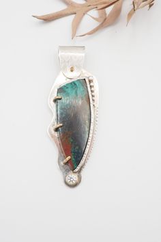 "Listing is for Contemporary Art Studio Designer Sterling Silver Chrysocolla 14k gold accents Cubic Zirconia Architectural Pendant. Beautifully crafted, Art Studio Designer piece.  Marked sterling and 14k gold. Pendant measures 2.8\" x 0.9\". Weight is 21.8 grams.    Good vintage condition!  Thank you. (N121)" Metal Art Jewelry, Astrology Jewelry, Malachite Pendant, Mixed Metal Jewelry, Precious Metal Clay, Set Jewelry, Art Pendant, Cabochon Pendant, Gold Accent