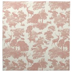 a pink and white wallpaper with deer, trees and other animals on the ground