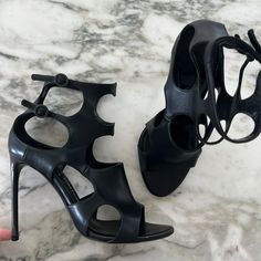 Tom Ford Cut Out Heel In Black Kid Leather Euc Size 8.5 No Box High-end Leather Open Toe Heels, High-end Open Toe Leather Heels, Formal Leather Heels With Open Side Vamp, Black Calf Leather Heels With 4-inch Heel, Black Calf Leather Heels For Formal Occasions, Black Leather Lined Heels For Formal Events, Luxury Black Open Toe Heels, Black Heels With Open Side Vamp For Formal Occasions, Designer Black Heels 4-inch Heel