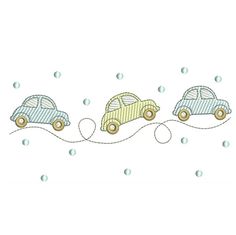 three small cars on a string with water droplets around them and one is yellow, the other is blue