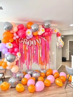 Groovy balloon garland
Daisies balloons 
Disco ball balloons Groovy 25th Birthday Party, Retro Bday Party Ideas, Dazed And Engaged Balloon Arch, Pink And Gold Photo Backdrop, Cute Party Themes For Women, 70 Decorations Party, Austin Powers Birthday Party, 70s Party Backdrop, 21st Birthday Ideas Flowers