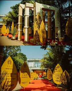 there are many yellow surfboards on display at this event and one is in the process of being decorated