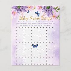 a baby name bingo game with purple flowers and blue butterflies on it's back