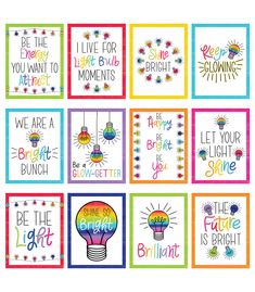 six different greeting cards with the words be the brightest and one light bulb on them