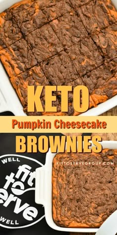 keto pumpkin cheesecake brownies in a white baking dish on a black background