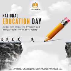 an advertisement for the national education day with people walking on a tightrope over a cliff