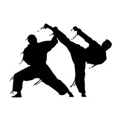 two people doing karate moves in silhouettes on a white backgroung background