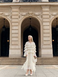 Airy maxi dress with ruffles on the bodice and matching ties :: LICHI - Online fashion store Dress With Ruffles, Online Fashion Store, Work Looks, Straight Skirt, Dress Silhouette, Online Fashion Stores, Flared Sleeves, Fashion Store, Online Fashion