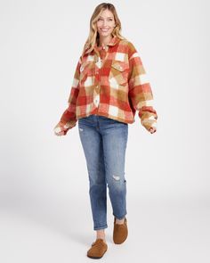 This sherpa jacket is loaded with cozy vibes! Boxy fit with a button-up front, two chest pockets and a plaid pattern that adds a touch of rugged comfort to your cold-weather ensemble. Made of snuggly sherpa with a soft knit lining. | Yukon Sherpa Jacket for Women by Herizon from Wantable Orange Plaid, Jacket For Women, Cozy Vibes, Sherpa Jacket, Plaid Pattern, Soft Knits, Chest Pocket, Cold Weather, Button Up