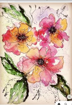 watercolor flowers with green leaves on the bottom and pink, yellow and orange flowers in the middle