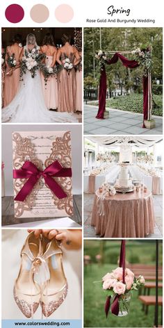 wedding color palettes for the bride and groom in burgundy, pink, gold and white