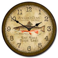 a wooden clock with an image of a fish on it