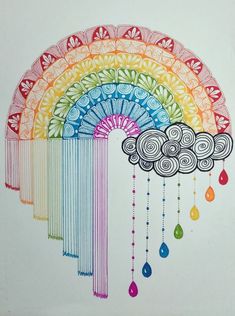 a drawing of a rainbow with raindrops and clouds