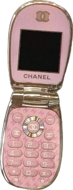 a pink cell phone in a case with the word chanel on it's screen