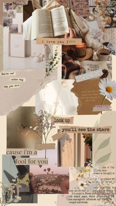 a collage of photos with words and pictures on them, including an open book