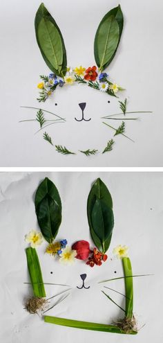 two pictures of the same animal made out of leaves and flowers, one is wearing a bunny's head