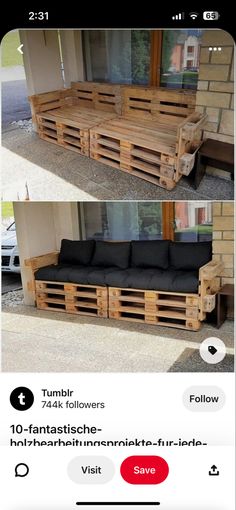 some sort of couch made out of wooden pallets and used as a sofa for sale