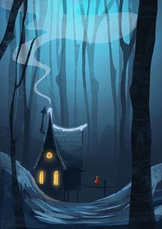 an illustration of a house in the middle of a forest at night with snow on the ground