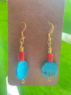 Sun Disk Round Turquoise Earrings with Red coral tube gemstone Gathered gemstones From home in Cairo And crafted with intention in London Turquoise Gemstone Beads Earrings As Gift, Artisan Red Earrings With Natural Stones, Beaded Earrings Diy, Earrings Diy, Red Coral, Turquoise Earrings, Diy Earrings, Cairo, Wire Jewelry