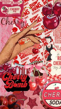 an image of cherry soda collage with cherries and stickers on the side