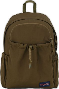 the back pack is brown and has two straps on one side, and an external pocket for