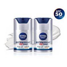 2x NIVEA Men Extra Bright Serum SPF50 PA+++ Brightening Dark Spots  Moisturizer 50ml  NIVEA Men Extra Bright Serum SPF50 comes in a light texture  that can be quickly absorbed.It helps lighten skin and diminish dark spots  with White Boost. Comes with SPF50. - 10X Effectively lightens skin. - Diminishes dark spots. - Adjusts uneven skintone. - Minimizes pores. - Smoothens skin. Handle 10 men's skin problems.  1. Spots from sun.   2. Spots and dark spots from acne.  3. Slit pores and clear.   4. Reduce freckles, deep sunburn.   5. Uneven skin.   6. Skin sensitive to the sun.   7. The sun freckles.   8. Rough skin, not smooth.  9. Oily during the day.   10.Pimples and blackheads. Direction :  Apply all over the face after cleansing the face.  Should be used both morning and evening. Size  : Sun Freckles, Nivea Men, Lighten Skin, Minimize Pores, Rough Skin, Facial Cream, Light Texture, Uneven Skin, Uneven Skin Tone