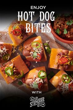 the cover of enjoy hot dog bites with chili, cheese and other toppings on top