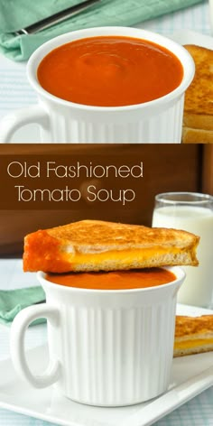 an old fashioned tomato soup is served in a white bowl with toast on the side