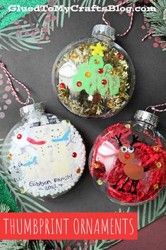 three christmas ornaments on a table with text overlay that reads thimprint ornaments