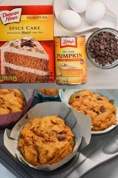 an image of cake in the pan with eggs and chocolate chips on the tray next to it