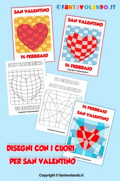 four valentine's day coloring pages with hearts and squares on them, all in different colors