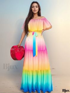 Bjux - Vibrant Off-Shoulder Dress: A Versatile and Stylish Womens Apparel for Every Occasion, Suitable for All Seasons Yellow Off-shoulder Summer Dress, Yellow Off-shoulder Maxi Dress For Summer, Multicolor Off-shoulder Dress For Summer Party, Multicolor Off Shoulder Summer Party Dress, Summer Off-shoulder Multicolor Maxi Dress, Summer Multicolor Off-shoulder Maxi Dress, Multicolor Off Shoulder Dress For Summer Vacation, Multicolor Off-shoulder Maxi Dress For Beach, Summer Multicolor Off Shoulder Dress For Vacation