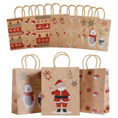 christmas paper bags with santa claus and snowmen on them, all decorated in different designs