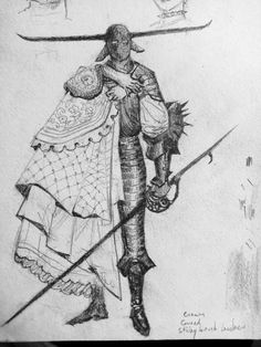 a drawing of a man holding two swords