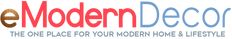 the modern decor logo is shown in red, white and blue letters that read one place for your modern home & lifestyle