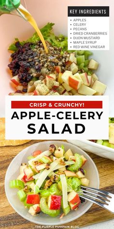 a salad with apples, celery and cranberries is being poured into a bowl