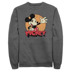 Who knew that dressing "mousey" could be so cute!? Celebrate Walt Disney's most iconic character with fun new officially licensed Mickey and Friends apparel for the whole family! This Men's Mickey and Friends Retro Mickey Mouse Graphic Crewneck Sweatshirt features Mickey happily waving at you and his name printed in distressed style across the front. Whether you're a super fan, or just looking for a unique 'fit for a trip to the Disney parks, these all-new styles are exactly what you've been loo Disney Character Print Black Sweatshirt, Black Disney Character Print Sweatshirt, Casual Mickey Mouse T-shirt For Fall, Fall Mickey Mouse Crew Neck Sweatshirt, Fall Streetwear Mickey Mouse Tops, Cotton Mickey Mouse T-shirt For Fall, Disney Long Sleeve Fan Merchandise Tops, Disney Graphic Print Sweatshirt For Fall, Cotton Sweatshirt With Cartoon Print For Disney Fan Events