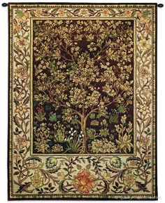 the tree of life tapestry is shown in brown, green and yellow colors with an ornate border