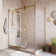 a bathroom with a walk in shower next to a white rug and potted plants