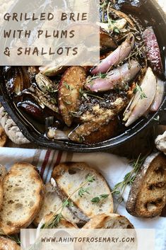 grilled brie with plums and shallots in a cast iron skillet