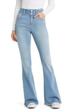 These soft and stretchy flare jeans feature a high, wide waistband with a shapewear effect that comfortably contours your natural silhouette. 34" inseam; 23" leg opening; 10 1/2" front rise; 15" back rise 51% cotton, 26% polyester, 22% rayon, 1% spandex Machine wash, tumble dry Imported Fitted Wide Leg Denim Blue Flares, Non-stretch High Rise Spring Flares, Casual Non-stretch Flare Jeans With Flared Hem, Spring High Rise Non-stretch Flares, Casual Non-stretch Flare Jeans, Stretch Denim Bottoms With Flared Hem, Denim Blue Flared Hem Bottoms For Fall, Trendy Medium Wash Flared Hem Bottoms, Trendy Medium Wash Bottoms With Flared Hem