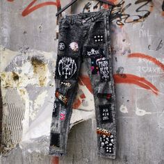 Custom made painted and spiked denim JEANS  for hardcore punk fans and DIY style lovers Mens size UK 32/32 EU 82/81US  shipping: Priority shipping ( 1-3 weeks) Grey Denim Jeans, Hardcore Punk, Custom Patches, Ski Mask, Denim Jeans Men, Jeans Mens, Grey Denim, Diy Style, Acid Wash